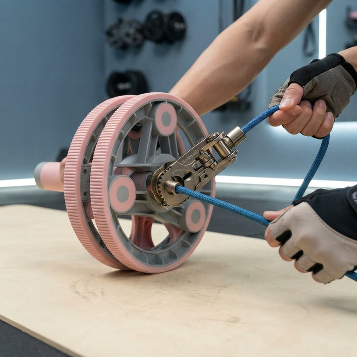 Hands adjusting the tension ropes on a multifunctional abdominal muscle wheel in a modern home gym.