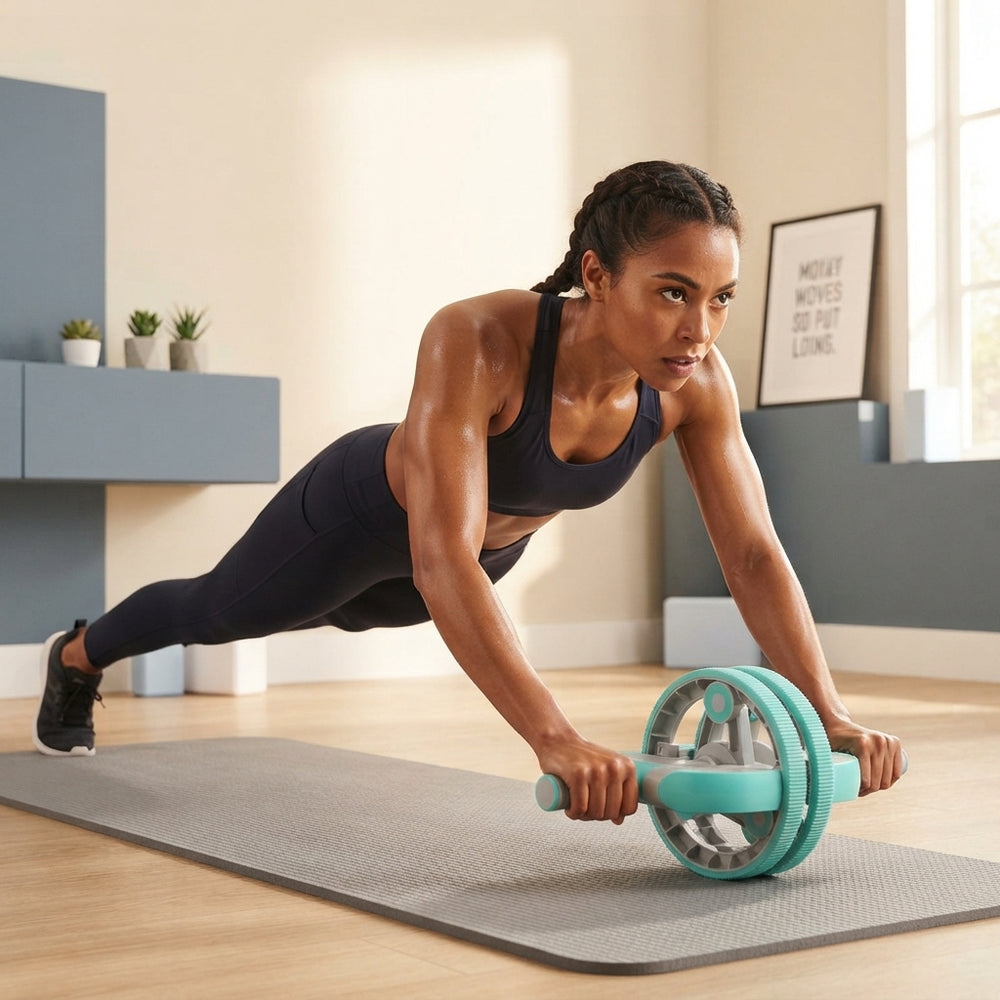 A diverse athlete performing a core exercise with a multifunctional abdominal wheel and push-up bar in a bright home gym.