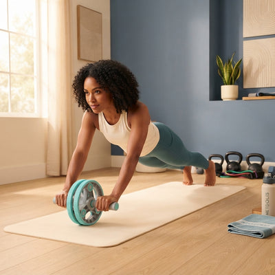 A diverse athlete performing core exercises with a multifunctional abdominal wheel in a modern, well-lit home gym.