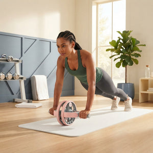 A diverse athlete using a multifunctional abdominal muscle wheel in a modern, well-lit home gym space.