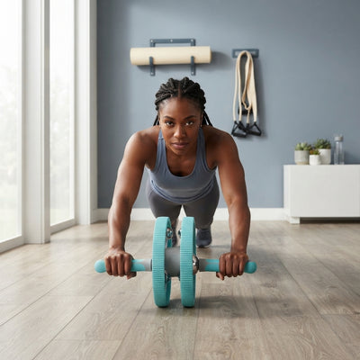 A diverse athlete performing a core workout with a multifunctional abdominal wheel in a modern home gym.