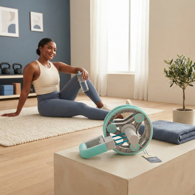 A diverse athlete resting in a modern home gym next to a multifunctional abdominal muscle wheel fitness set.