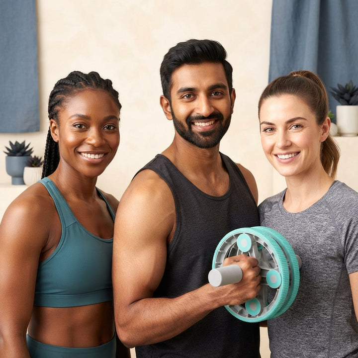 Three diverse, fit individuals smiling confidently, representing satisfied customers for fitness equipment.
