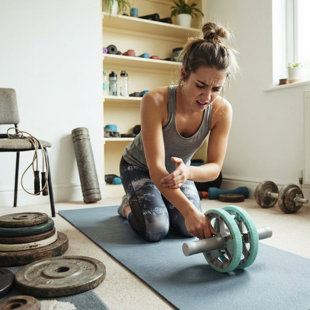 An athlete looking frustrated while trying to exercise at home with multifunctional fitness equipment on a slate blue mat.